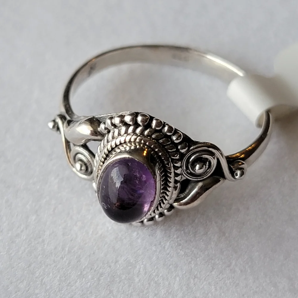 Amethyst Sterling Silver Dahlia Ring Oval Cabochon Filigree Crystal Gemstone